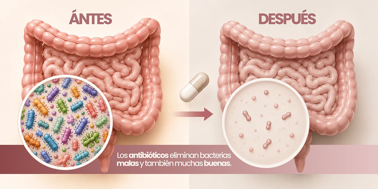 Los antibióticos eliminan bacterias malas y también bacterias buenas de la microbiota intestinal